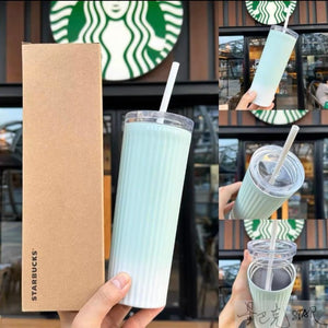 Starbucks Cup Mint Green Series Small Fresh Embossed Mark Glass Insulation Straw Cup Striped Gift Box Water Cup