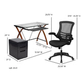 Work From Home Box - Glass Desk with Keyboard Tray, Ergonomic Mesh Office Chair & Filing Cabinet with Lock & Inset Handles