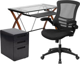 Work From Home Box - Glass Desk with Keyboard Tray, Ergonomic Mesh Office Chair & Filing Cabinet with Lock & Inset Handles