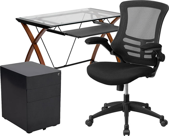 Work From Home Kit - Glass Desk with Keyboard Tray, Ergonomic Mesh Office Chair and Filing Cabinet with Lock & Side Handles