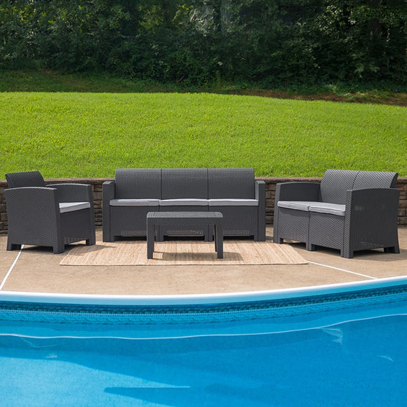 4 Piece Outdoor Faux Rattan Chair, Loveseat, Sofa and Table Set in Dark Gray by Flash Furniture