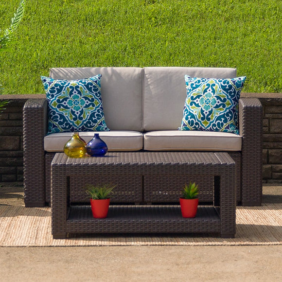Chocolate Brown Faux Rattan Loveseat with All-Weather Beige Cushions by Flash Furniture