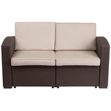 Chocolate Brown Faux Rattan Loveseat with All-Weather Beige Cushions by Flash Furniture
