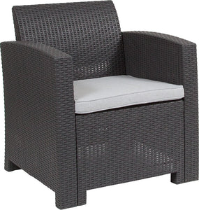 Dark Gray Faux Rattan Chair with All-Weather Light Gray Cushion by Flash Furniture