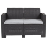 Dark Gray Faux Rattan Loveseat with All-Weather Light Gray Cushions by Flash Furniture