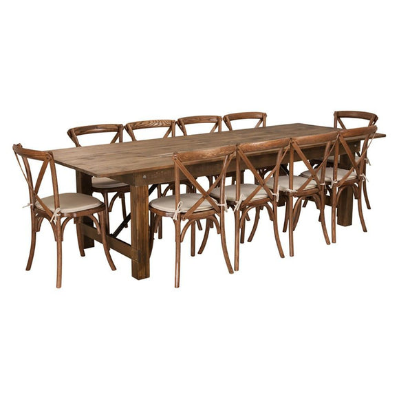 Flash Furniture Hercules Series 9' x 40'' Antique Rustic Folding Farm Table Set With 10 Cross Back Chairs
